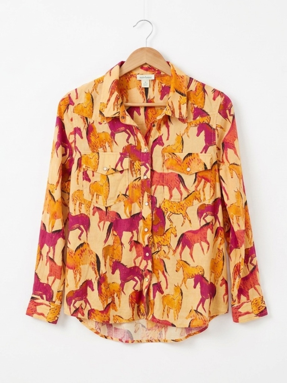 Sundance Western Horse Print Button Down Shirt - Magenta & Mustard - Size M